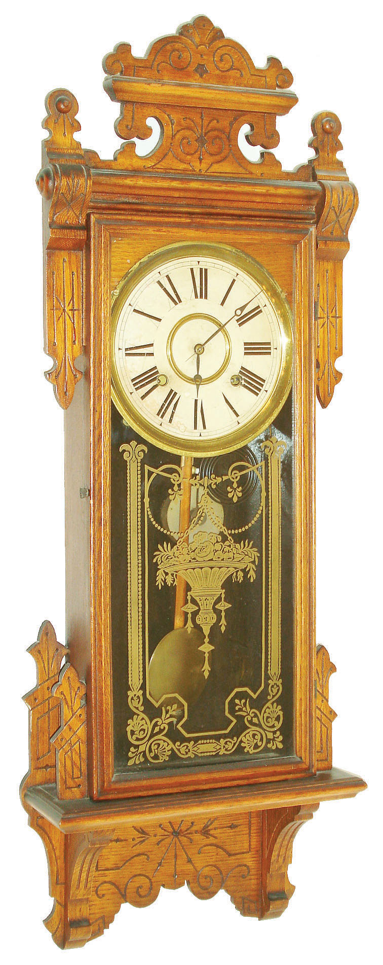 William L. Gilbert Clock Co., Winstead, Conn., "Thespian" 8 day, time and strike spring brass movement wall clock, c1910 — Antique Clocks Price Guide