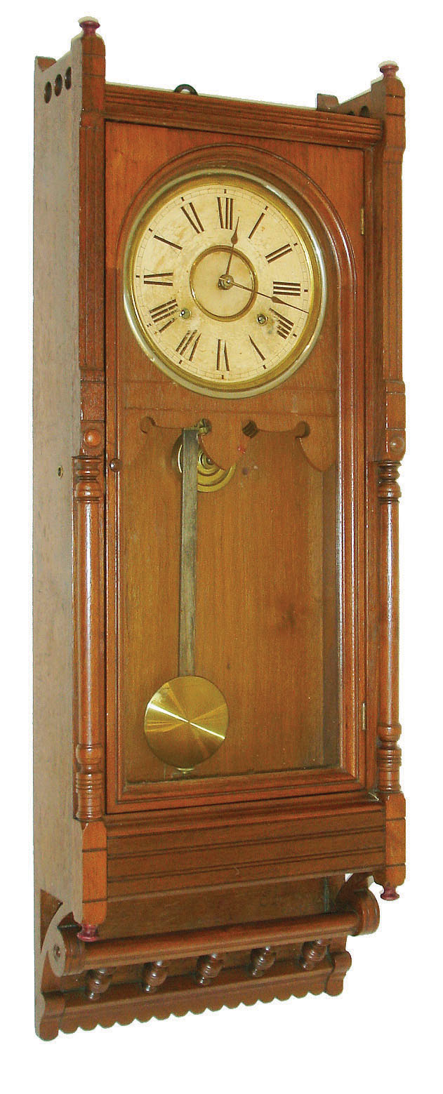 Seth Thomas Clock Co., Thomaston, Conn., "Queen Anne" wall clock case now fitted with a different dial and an Ansonia 8 day, time and strike spring brass movement wall clock, c1880 — Antique Clocks Price Guide