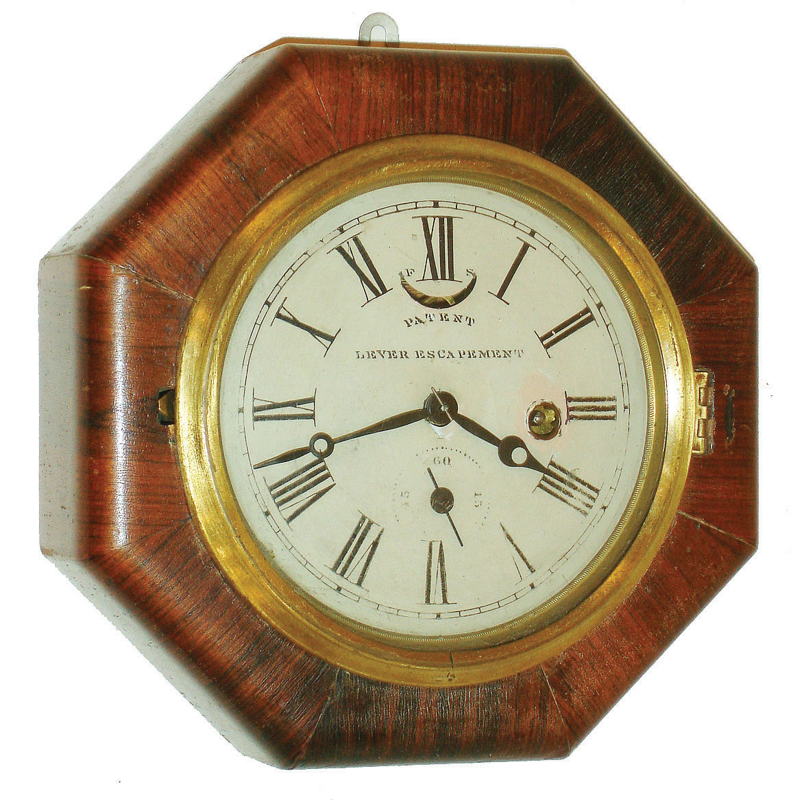 E. N. Welch, Forestville, Conn., 30 hour, spring brass lever movement octagon wall clock or timepiece, c1860 — Antique Clocks Price Guide