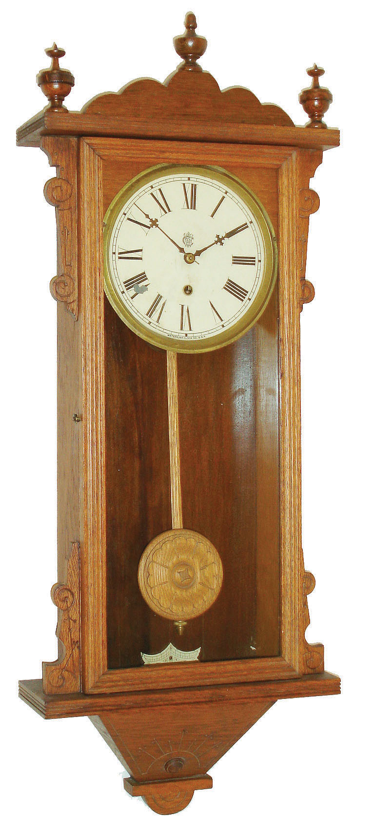 Waterbury Clock Co., Waterbury, Conn., "Bruce", 8 day, spring brass movement wall clock or timepiece, c1893 — Antique Clocks Price Guide