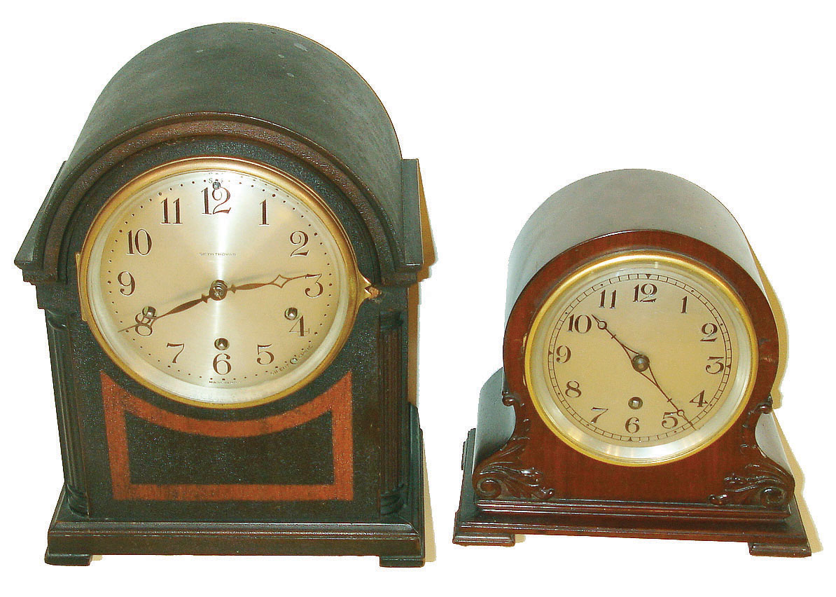 Clocks- 2 (Two)- (1) Waltham Model 1155, 8 day, spring brass lever movement mantel clock, c1922  (2) Seth Thomas 8 day, time, strike and Westminster chime round top mantel clock.  This model looks very similar to the "Abbey" model, c1915 — Antique Clocks Price Guide