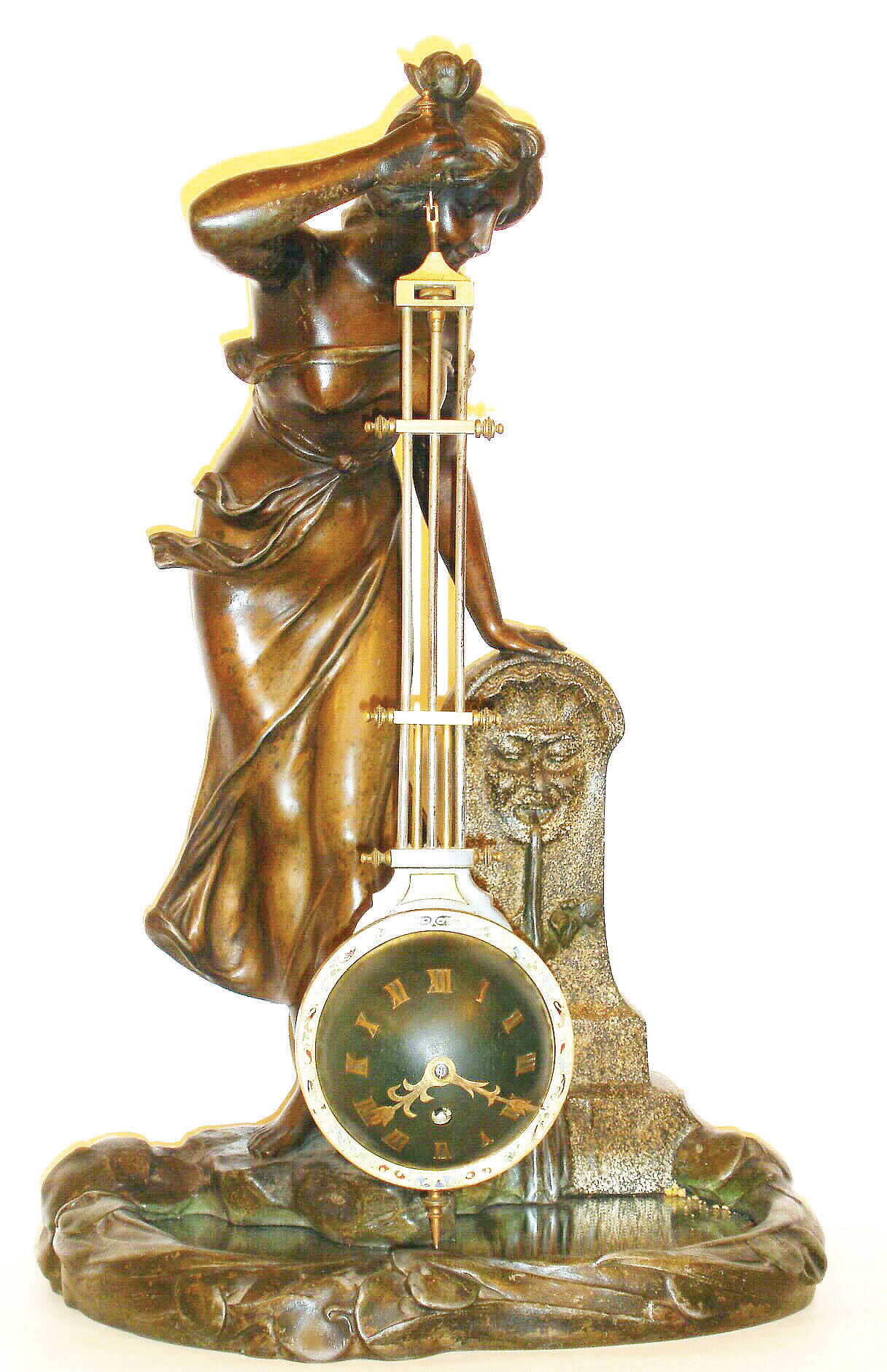 French, Le Roy &amp; Cie, Mysterious timepiece, the movement contained within the ball of the pendulum and causing the pendulum to swing WITHOUT apparent impulse, the clock suspended from a patinated spelter female statue, leaning over a pond next to a fountain, with Paris foundry mark on the rear, c1885 — Antique Clocks Price Guide