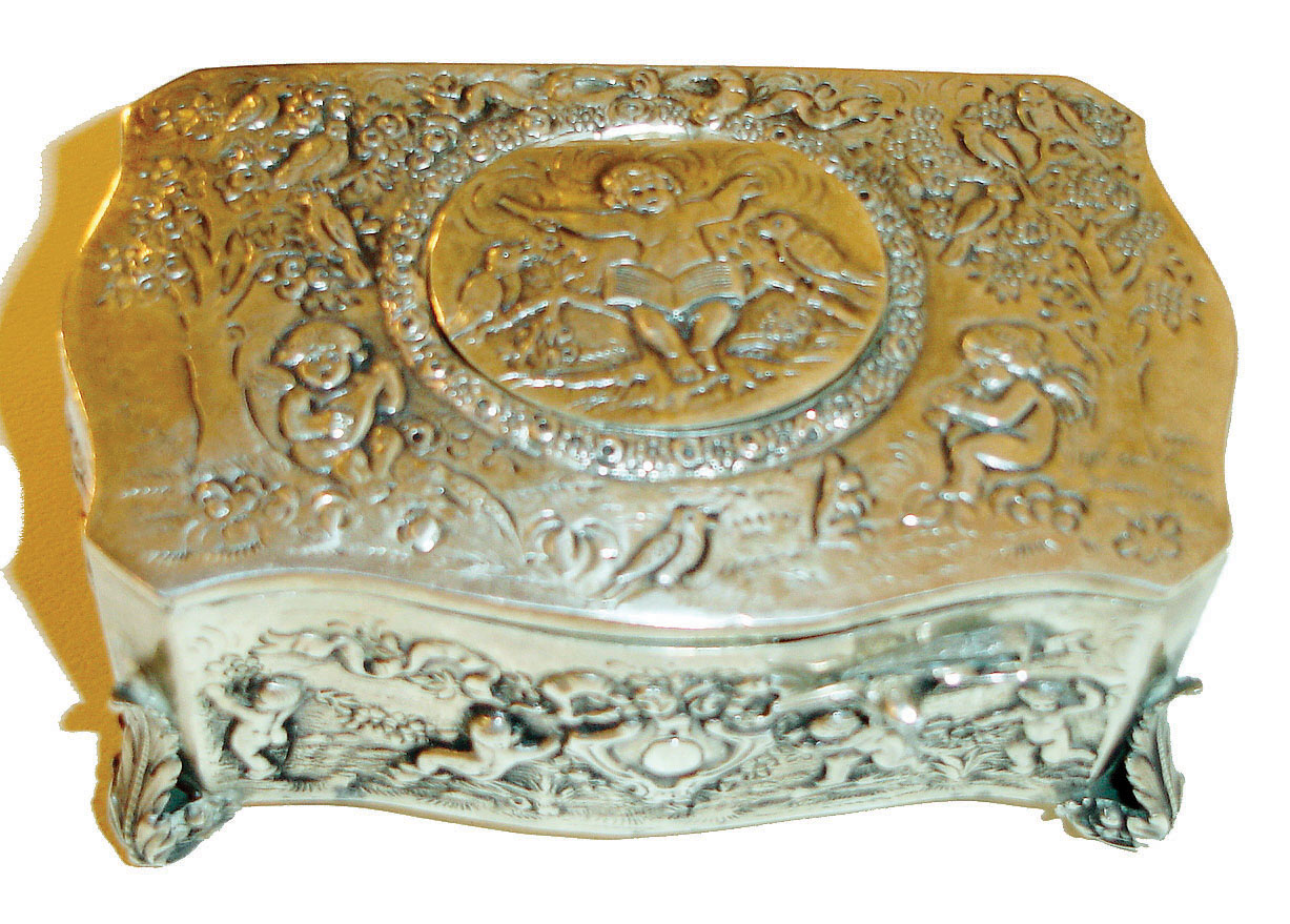Germany, singing bird box, sterling silver case with serpentine front and sides, scrolled foliate feet, repousse decorated with putto frolicking in landscapes, the brightly colored bird with silver beak emerges from the top when the lever is pushed, does his song and dance routine, and then disappears from view, c1980 — Antique Clocks Price Guide