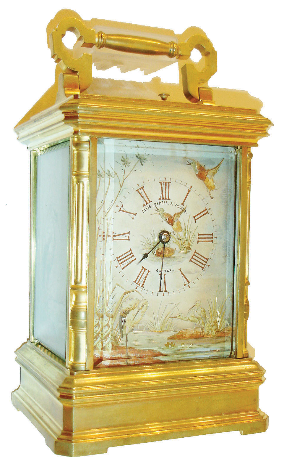 Louis Fernier, Paris, for Ellis, DePree &amp; Tucker, Exeter, England, Gilt Anglaise Riche variant case with beveled glasses, heavily molded top and base with inset quarter columns, the front and sides with silvered panels, engraved and polychrome painted with scenes of ducks and egrets in a marsh, Roman numeral dial with blued steel hands, week going two train movement striking at the hour and half hour on a single gong, and repeating the hours on demand, movement back plate signed "L.F. Paris" and numbered 4750, silvered lever platform, c1885 — Antique Clocks Price Guide