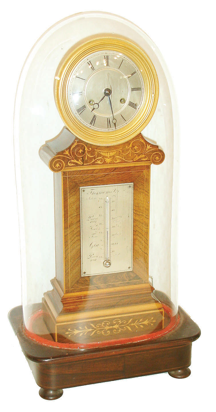 France, small mantel clock, rosewood veneered case with contrasting inlays and moldings, the front with thermometer and silvered scale, gilt bezel with Roman numeral silvered dial, blued steel Breguet style hands, 8 day time and count wheel strike pendule a Paris movement, pendulum with silk thread suspension, with associated base and dome, c1840 — Antique Clocks Price Guide