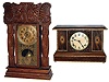 Clocks- 2 (Two) Connecticut wood 8 days, time and strike, shelf clocks:  Wm. L. Gilbert Bristol, Conn. inlaid mahogany mantel clock; E. Ingraham, Bristol, Conn. oak gingerbread clock; c1915