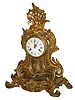 Balthazard, a Paris, large gilt bronze clock in the rococo style, the case and base decorated with acanthus leaves and c scrolls, shells, and other naturalistic ornament, the top with a putto seated on clouds before an openwork scallop shell, also with c scrolls and foliage, the front and sides with strap work fret backed with silvered copper foil, molded brass bezel with convex beveled glass over white enamel dial with blue Roman numerals and Arabic black outer 5 minute markers, and signed in pink enamel "BALTHAZARD A PARIS", gilt Louis XV style hands, the tip of the minute with dolphin, large round 8 day French movement with silk suspension and recoil escapement, striking on a bell, c1760