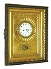 Austria, Ramenuhr or picture frame clock, the gilt frame with egg and dart molding, brass engine turned bezel with gilt petal carved surround, applied brass ornament at aperture for pendulum,  Roman numeral white enamel dial with blued steel hands, 2 train brass movement of two day duration, hour and half hour strike on a gong, fancy pressed brass pendulum with silk thread suspension, c1830