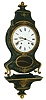 Switzerland, Neuchatel bracket clock with original shelf, ebonized case with en grisaille ornament depicting roses and forget-me-nots, gilt, cast brass door with decoration resembling engine turning, gilt feet and trim and with gilt finial, deeply molded shelf with gilt trim and finial, and featuring a classical urn with flowers and gilt decoration, Roman numeral white enamel dial, with Arabic outer 5 minute markers, blued steel hands with gilt ornaments, 8 days, time and quarter strike movement with pin wheel escapement, probably grand sonnerie, on gongs, and with alarm function, alarm bell located on top of the case, c1810