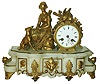 French figural alabaster 8 day time and strike mantel clock, selling with three cast metal candelabras with hanging cut glass pendants, c1880
