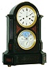 France, for Dent, 33 Cockspur St., London, 8 day perpetual calendar, time and strike pendule a Paris movement, counting the hours on a bell and with a single blow at the half hour, signed Roman numeral, white enamel dial above the lower white enamel calendar dial decorated with clouds and starry sky, with indications for day, date, month, and phases of the moon, blued steel hands, gilt bezels with beveled glass, all contained in a polished black slate case with inset red marble panels, engraved decoration with gilding, the base trimmed with brass and on turned feet, c1870