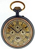 Switzerland, oversized pocket watch form desk clock, with triple calendar and phases of the moon, 15 jewels, stem wind and pin set, damascened nickel bar movement, with lever escapement and uncut bimetallic balance, in a gun metal, hinged back and bezel open face case, with Roman numeral, outer blue 5-minute markers, quadruple sunk metal dial with repousse ornament, and blued steel spade and poker hands, 95mm, c1900