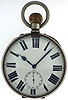 Switzerland, oversized pocket watch form desk clock, 8 day15 jewels, stem wind and pin set, gilt plate movement, with lever escapement, cut bimetallic balance, double roller and gold timing screws, in a nickel, hinged back and bezel open face case with thick convex glass magnifying crystal, with Roman numeral, single sunk white enamel dial, blued steel spade and poker hands, 103mm, c1910