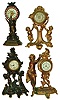 Clocks- 4 (Four) American cast metal 30 hour time only novelty clocks: New Haven, Jennings, Ansonia, unsigned;  plus German singing bird in brass cage; early 20th century