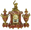 French rose marble and gilt metal garniture set:  8 day time and strike crystal regulator with figural top; pair of urns, c1890
