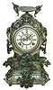 Ansonia Clock Co., New York, NY, "Franconia", cast metal fantasy clock, featuring flying gargoyles to the sides, a bird below the dial and profuse scrolls and swirls, surmounted by a winged urn, c1894