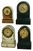 Clocks- 4 (Four) Terry iron 30 hour desk clocks: two black and white painted time and strike; one black time and alarm; one nickel plated time and alarm, c1875