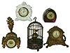 Clocks- 5 (Five): 4 American small novelty clocks; and Japanese birds in cage; early 20th century