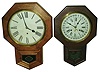 Clocks- 2 (Two) Connecticut 8 day school clocks:  Waterbury "10 Inch Drop" rosewood veneer strike and calendar; New Haven "12 Inch Octagon" oak time only; c1895