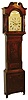 Honeybone, English tall clock, 8 days, time, strike and calendar, weight driven movement in an inlaid mahogany veneer case with broken arch and fancy urn shaped columns on hood and painted iron dial, c1850