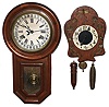 Clocks- 2 (Two) time and strike wood wall clocks:  German Black Forest 30 hour weight driven wag on wall; Japanese 8 day round head calendar school clock; early 20th century