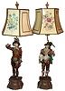 Side Pieces, Don Juan and Don Caesar, painted cast  metal figures now converted to electric lamps, with cloth shades, 20th century
