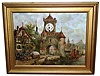 Picture clock for tourist trade, European, gold painted frame and  waterfront village signed scene, Hamburg American time only balance wheel movement, 2-tune music box, with coin slot, early 20th century
