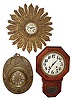 Clocks- 4 (Four) 8 day wall clocks: German R/A time and strike; Ingraham drop octagon time and strike; gilt wood time only; pressed brass over wood 3 train; early 20th century