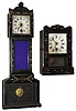 Clocks- 2 (Two) Yale Clock Co., New Haven, CT, black and gold painted wood 30 hour miniature mantel clocks, "Grandfather" and cottage, c1882