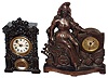 Clocks- 2 (Two) cast metal 30-hour time only small unsigned mantel clocks: seated patriotic woman with bronze finish; black-painted iron and wood; later 19th century