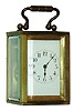 France, for Harris & Harrington, New York, miniature carriage clock with original travel case, rectangular brass case with carrying handle and beveled glass panels, unglazed back door, Arabic numeral, white enamel dial with blued steel spade and poker hands, 8 day time only movement with lever platform, travel case with patterned leather covering, removable blind panel, and interior glass panel, c1900