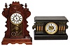 Clocks- 2 (Two) 8 day time and strike mantel clocks: New Haven "Tiffany" walnut parlor clock; Wm. Gilbert "Stanley" black enameled wood 6-column clock; c1900