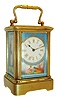 France, for Tiffany & Co., mignonette #1 carriage clock, gilt Corniche case with polychrome decorated porcelain panels, the front with Roman numeral dial surrounded with a gilt border, above a scene with a couple reclining in a landscape, the right panel with a landscape and a boy, the left with a girl in a similar scene, the back flowers and trees, and with buildings in the distance, 8 day time only movement, with lever platform, case signed "Tiffany & Co." on base inside the back door, c1900