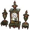 French green onyx, gilt metal and beveled glass 8 day time and strike crystal regulator clock and pair of urns garniture set, c1880