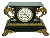Ansonia Clock Co., New York, "Belgium" enameled black iron 8 day time and strike mantel clock, visible escapement, c1904