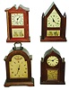Clocks- 4 (Four) Burroughs miniature timepieces based on old designs: No. D61 Bracket 8 day; No. 48 T Georgian; No. 52 T English Lancet; No. 49 Steeple Gothic; c1930