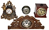 Clocks- 4 (Four): French 8 day time and strike case metal mantel clock; Lux 30 hour tape measure clock; deep dial 30 hour novelty clock; carved wood crest with 8 day Seth Thomas movement in drum; early 20th century.
