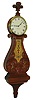 Foster Campos, Pembroke, Mass., "Lyre" wall clock, 8 days, time only, weight driven movement in a carved mahogany case with carved Prince of Wales finial, reverse painted tablet and a painted metal dial, serial #4, dated 1982