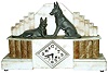 French Art Deco style white marble 8 day time and strike mantel clock with German Shepherd Dogs, c1920