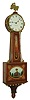 Foster S. Campos, Pembroke, Mass., "Willard Banjo Clock with Bracket" wall clock, 8 days, time only, weight driven movement in a cross banded mahogany case with painted metal dial and reverse painted tablets by Tom Moberg, dated 1985