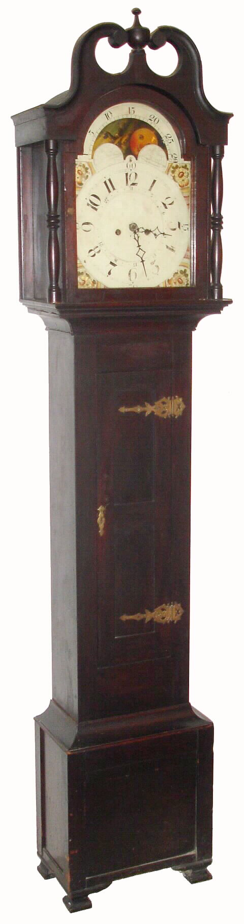 American tall clock, unsigned, 8 day with rolling moon, the last repair label from 1883, Philadelphia. Movement with well shaped plates along the top and cut out at bottom to conserve brass. The informal country case of mixed woods retains large cast door hinges and a deep broken arch, c1825 — Antique Clocks Price Guide