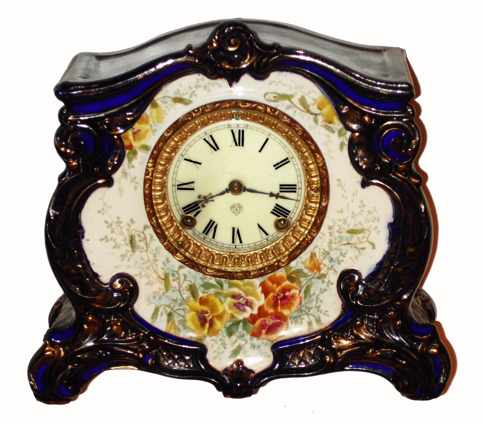 Ansonia Clock Co., New York, "La Landes" Royal Bonn 8 day, time and strike porcelain mantel clock, c1910 — Antique Clocks Price Guide