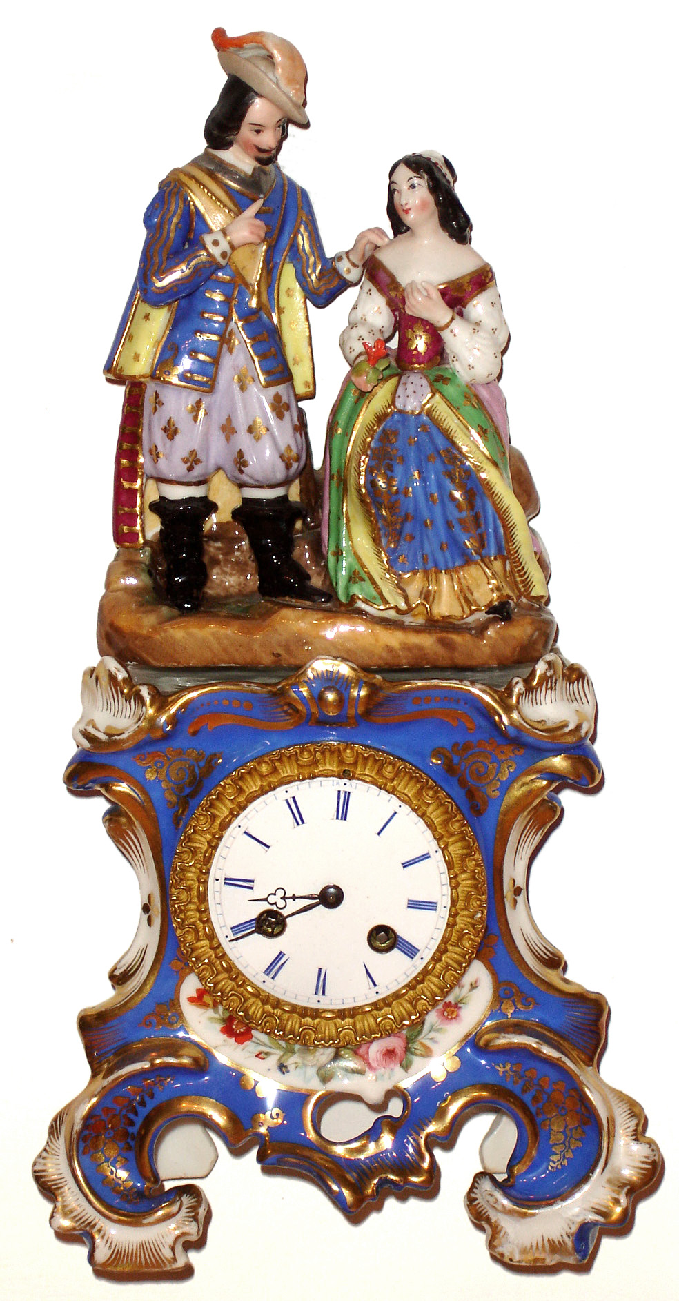 French porcelain two piece figural 8 day, time and strike mantel clock, c1880 — Antique Clocks Price Guide