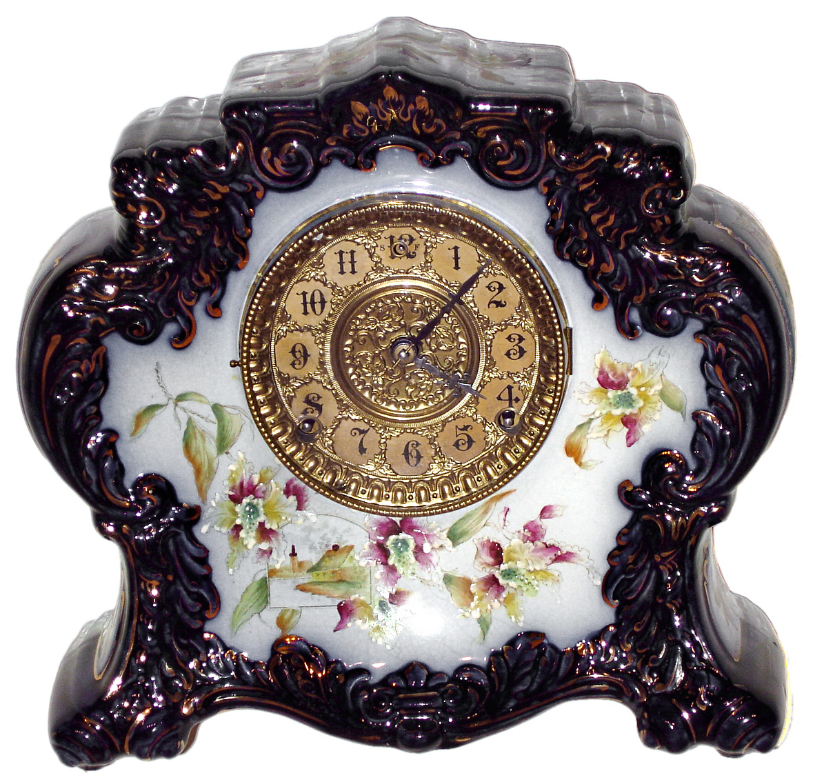 Gilbert Clock Co., Winsted, Conn., "No. 411" 8 day, time and strike porcelain mantel clock, c1898. — Antique Clocks Price Guide