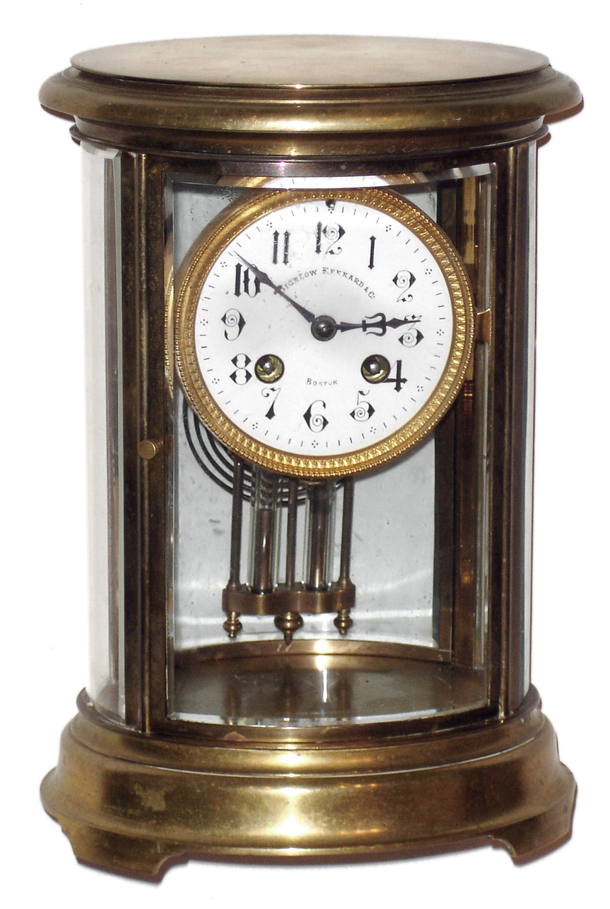 French brass and glass oval 8 day, time and strike crystal regulator mantel clock, c1890 — Antique Clocks Price Guide