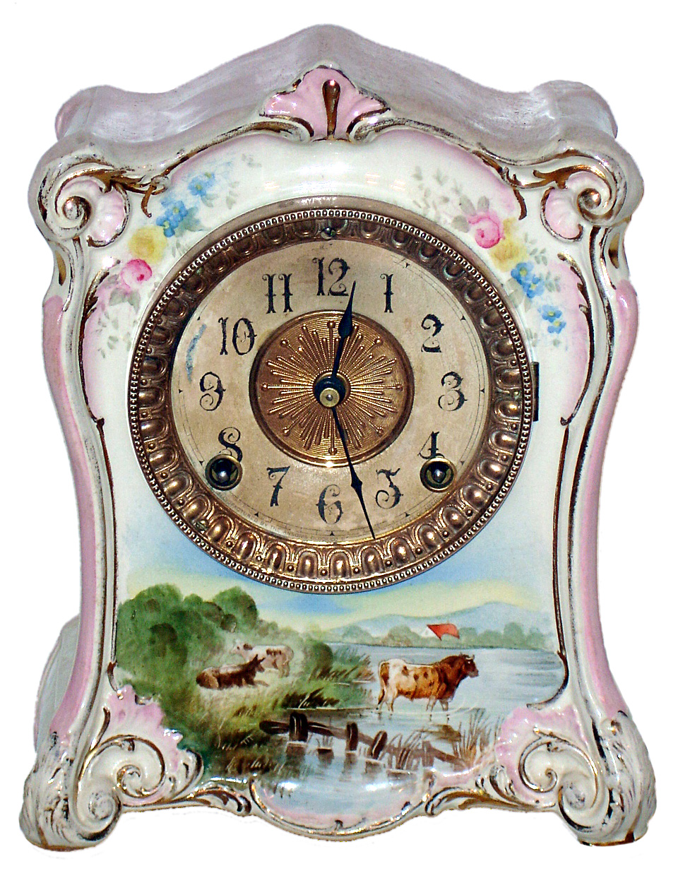 Ansonia Clock Co., New York, "La Cumbre" 8 day, time and strike Royal Bonn porcelain mantel clock, c1895 — Antique Clocks Price Guide