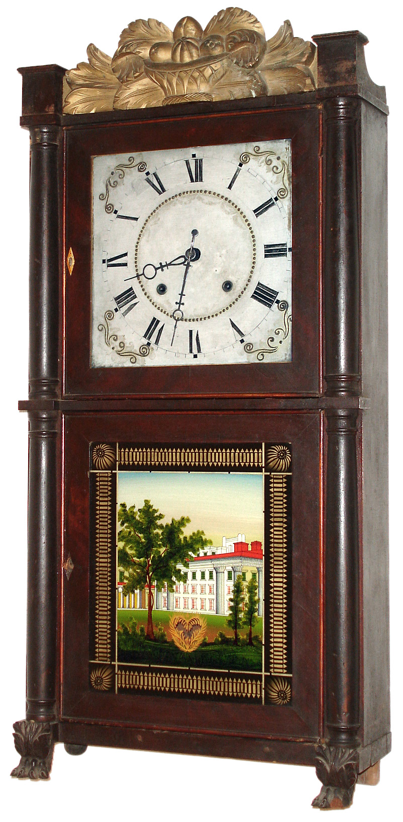 Henry Terry, Plymouth, Conn., 8 day, time and strike wood movement half column and carved splat shelf clock, c1833 — Antique Clocks Price Guide