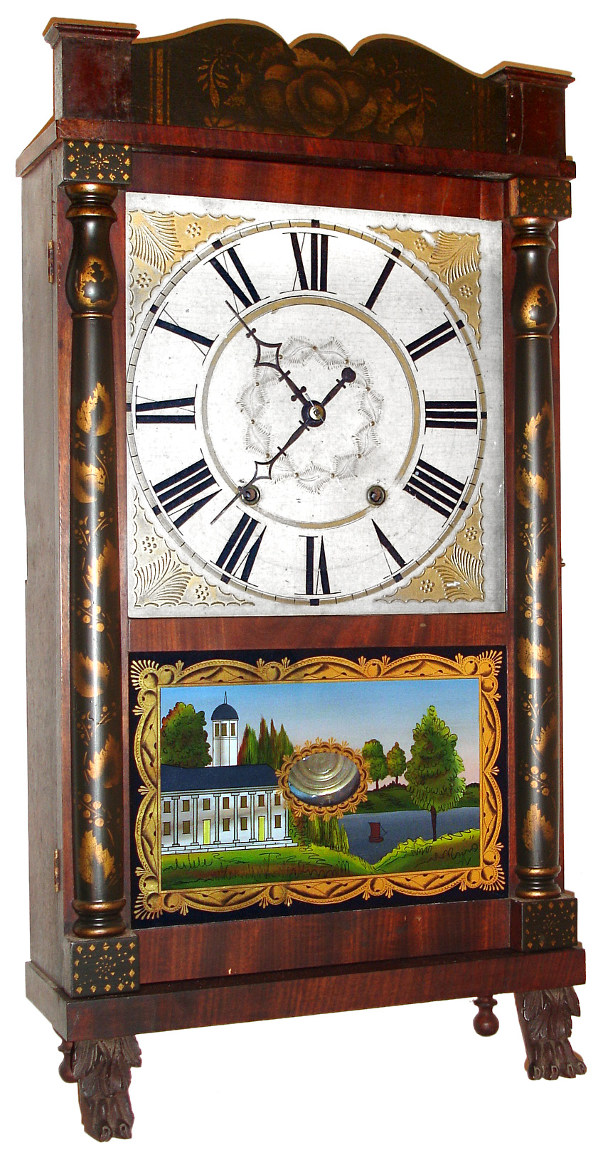 E. and G. W. Bartholomew, 30 hour time and strike wood movement small half column and splat with paw feet shelf clock, c1830 — Antique Clocks Price Guide
