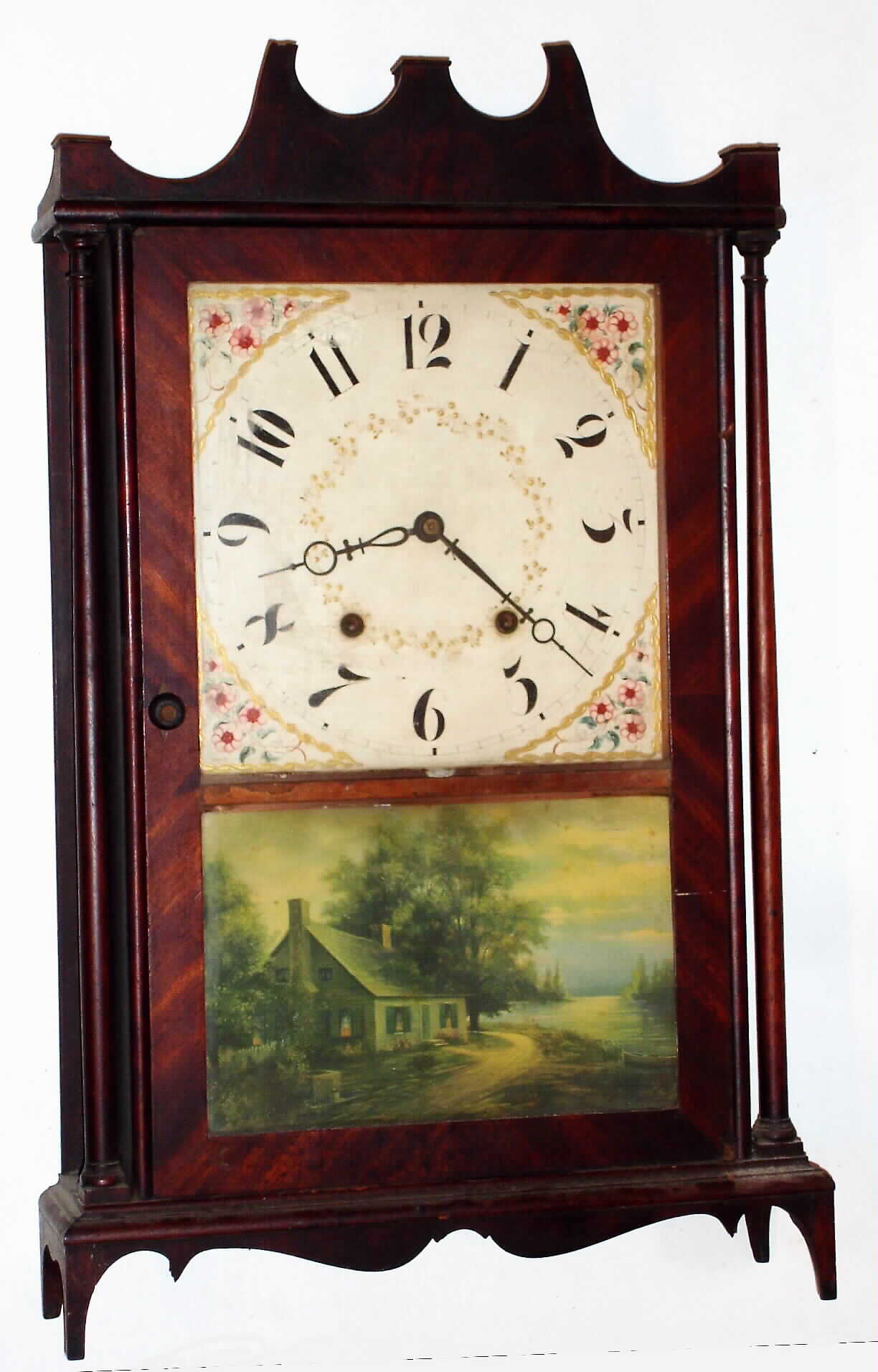 E. Terry and Sons, Plymouth, Conn., 30 hour time and strike wood movement pillar and scroll shelf clock.  Very late example by this firm with late P&amp;S dial (minute markers outside chapter).   c1828 — Antique Clocks Price Guide
