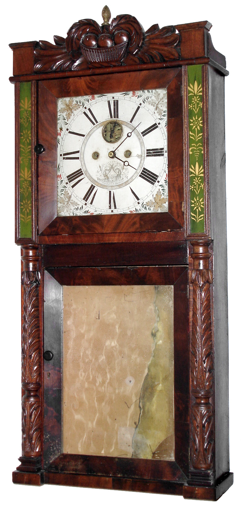 Hotchkiss and Benedict, Auburn, NY, 8 day, time and strike brass movement shelf clock. Serial no. 2293 stamped on the movement. This is a late movement as the winding holes are now symmetrical on the dial, c1837 — Antique Clocks Price Guide
